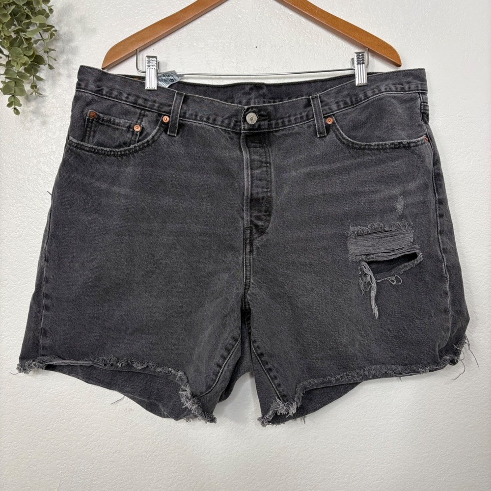 Levis 501 90s High Rise Distressed Denim Shorts Washed Black Grey 18W - Picture 3 of 6